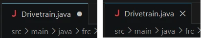 Left side shows the file DriveTrain.java with a dot next to the name, right side shows the same file with an X next to the name instead.